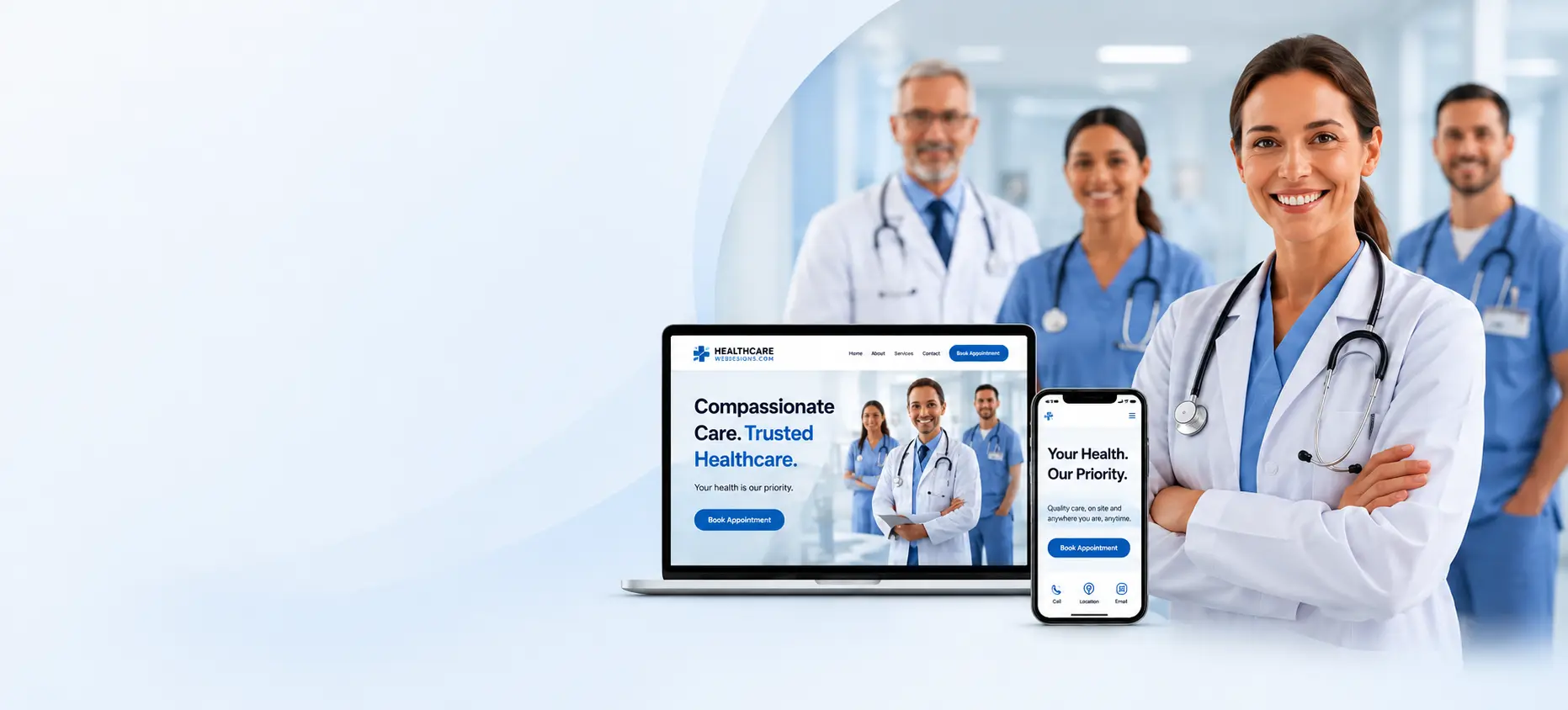 Healthcare professionals with website mockup